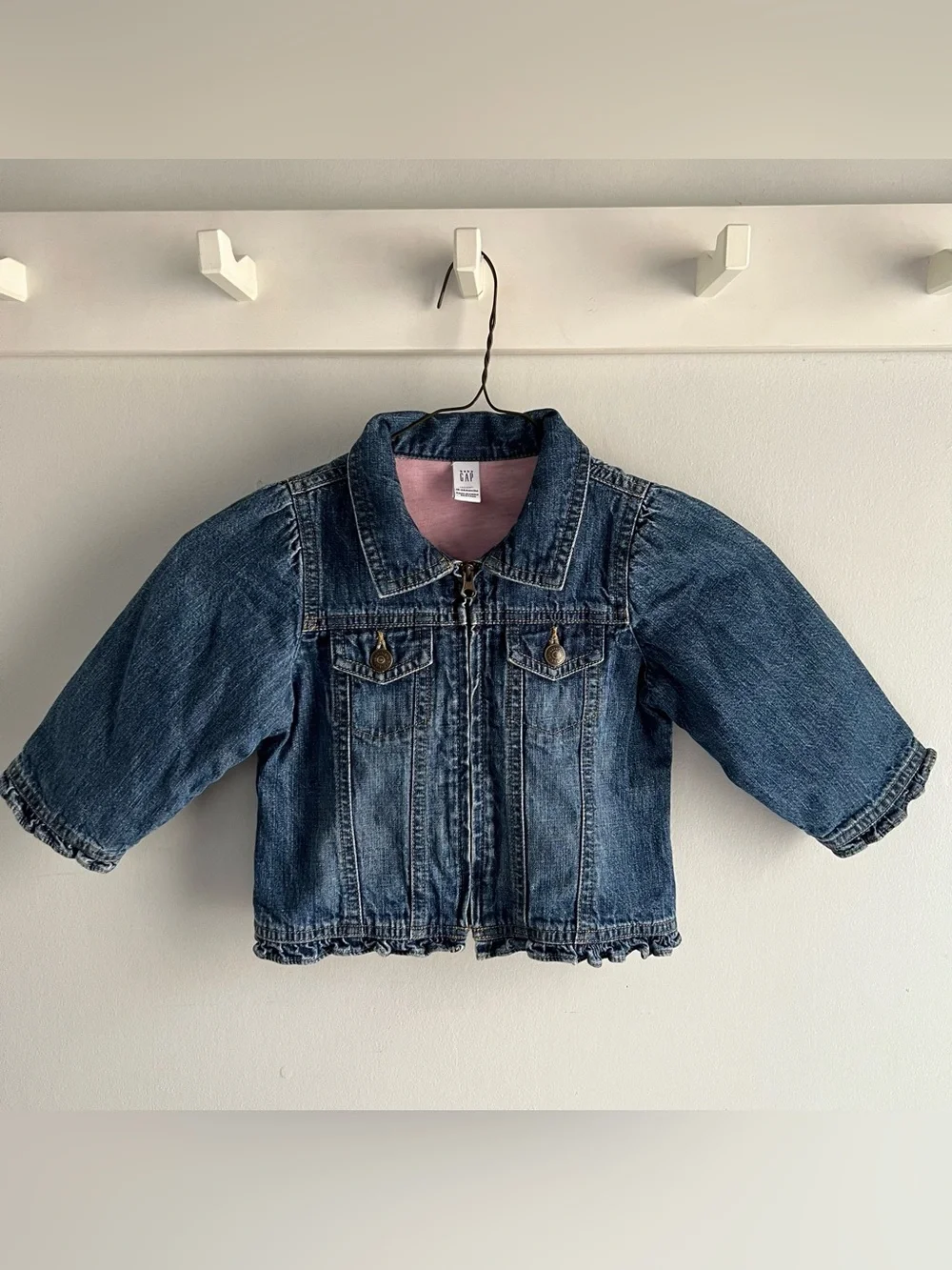 Baby Gap Girls Denim Jacket 18-24 Months Pink Lined Jean Jacket Ruffle Hem